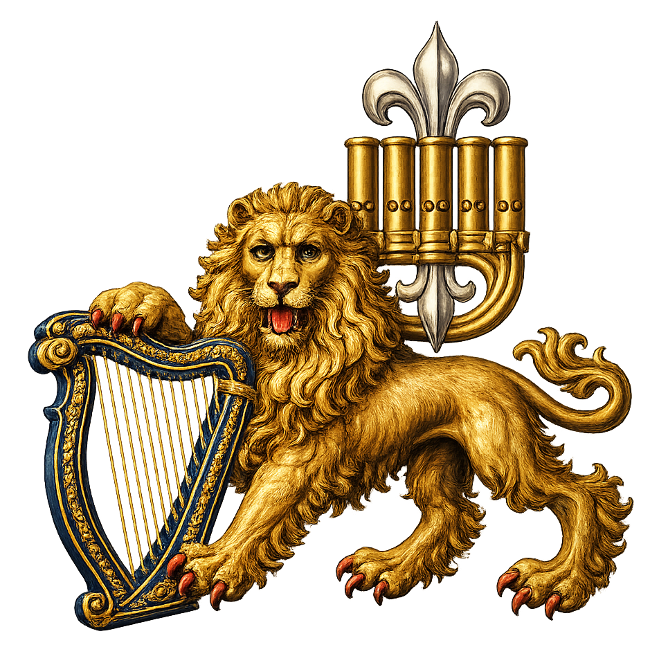 The alternative badge: a lion passant guardant with harp, clarion and fleur-de-lis