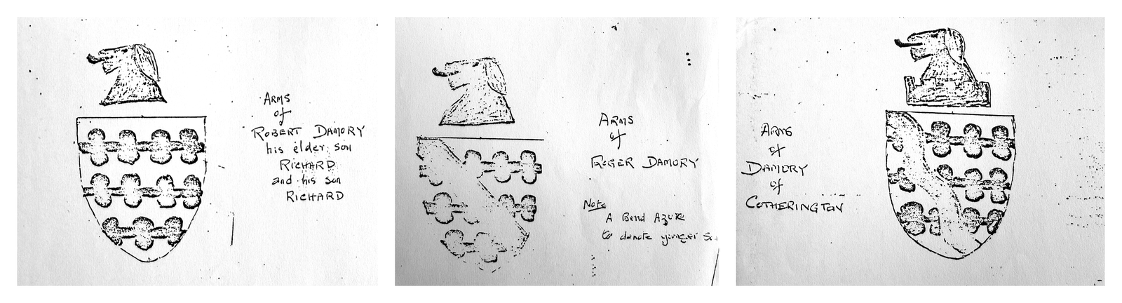 The photocopied Damory arms sketches