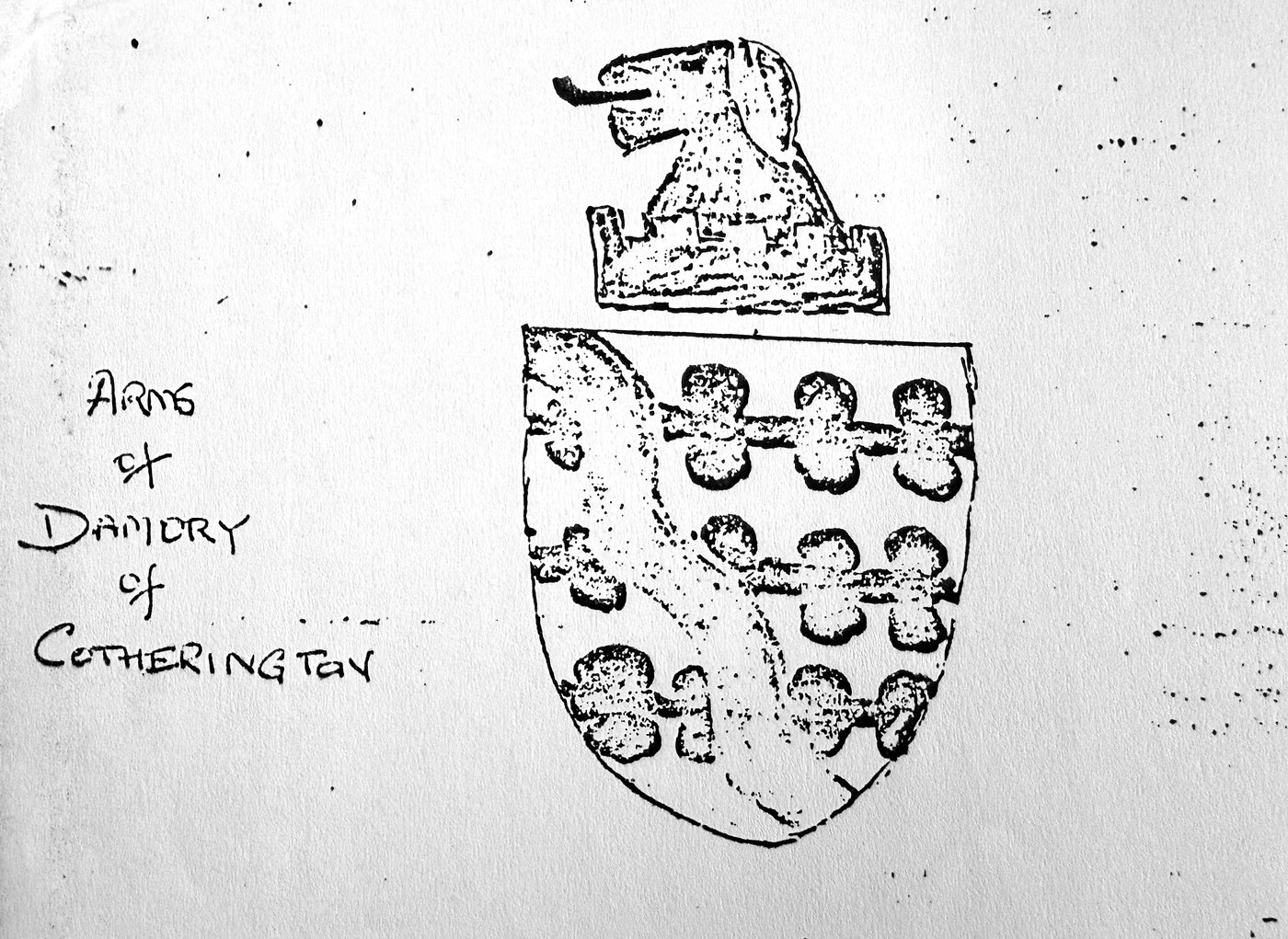 The photocopied “Arms of Damory of Cotherington” sketch, preserved in the family papers.