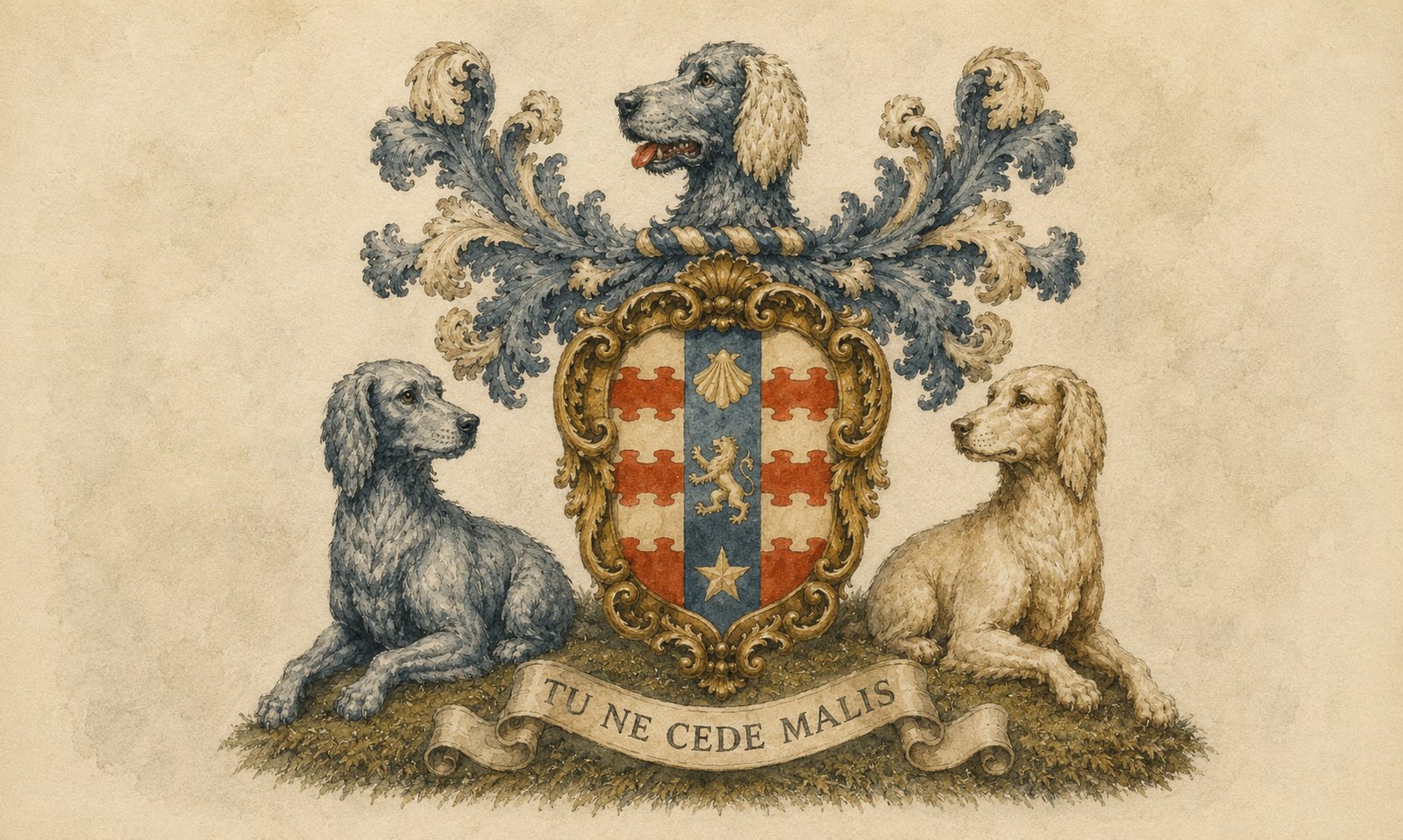 The indulgence: two talbots as supporters, one blue, one white, strictly off duty. Supporters form no part of the registered arms.