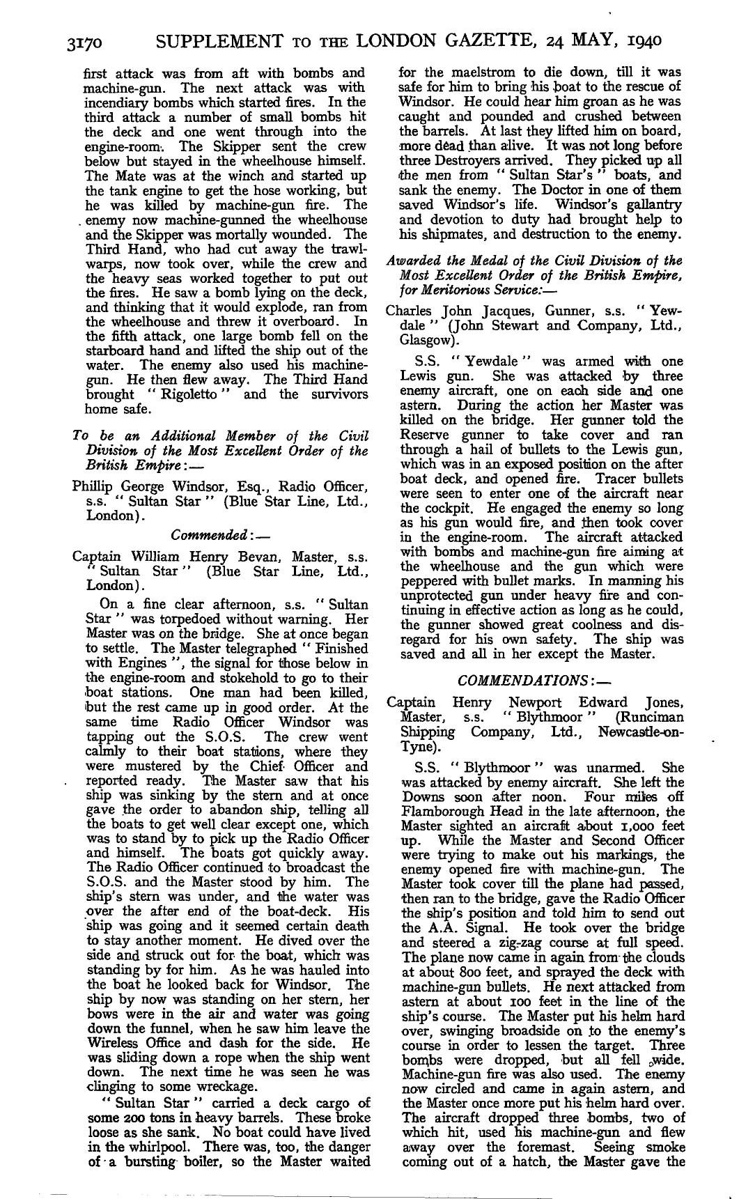 The commendation in print: supplement to the London Gazette, 24 May 1940, page 3170.