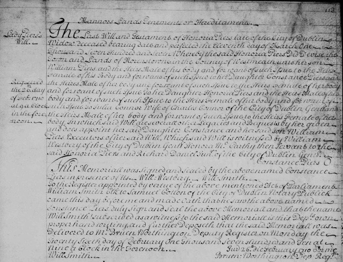 The registered will of Honoria Piers, made 11 March 1707/8, headed in the margin 'Lady Piers's Will': the page that survived the 1922 fire and proved the tree's Irish chokepoint. Image: Virtual Record Treasury of Ireland