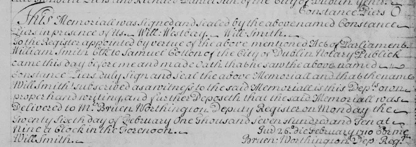 The foot of memorial 1874: 'This Memoriall was Signed and Sealed by the abovenamed Constance Piers', her name and seal above, Will Westbery and Will Smith witnessing. Registry of Deeds transcript book PR/TB/1/8. Image: Virtual Record Treasury of Ireland