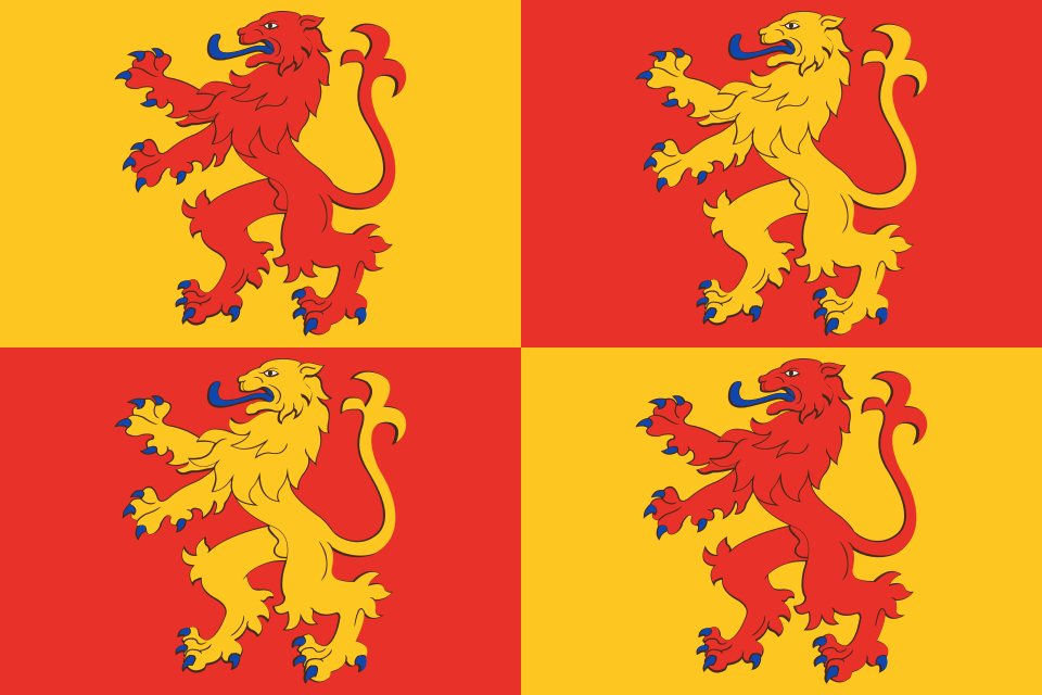The banner of Owain Glyndŵr: the four lions of Powys and Deheubarth, counterchanged in gold and red, raised over Wales from 1400. Image: Wikimedia Commons, public domain